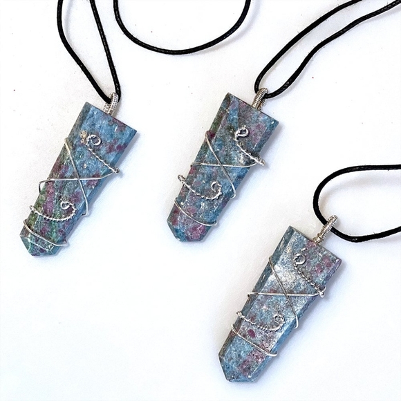 1 Ruby & Blue Zoisite Pendant with Silver Wire Wrap and Cord - Picture 1 of 3